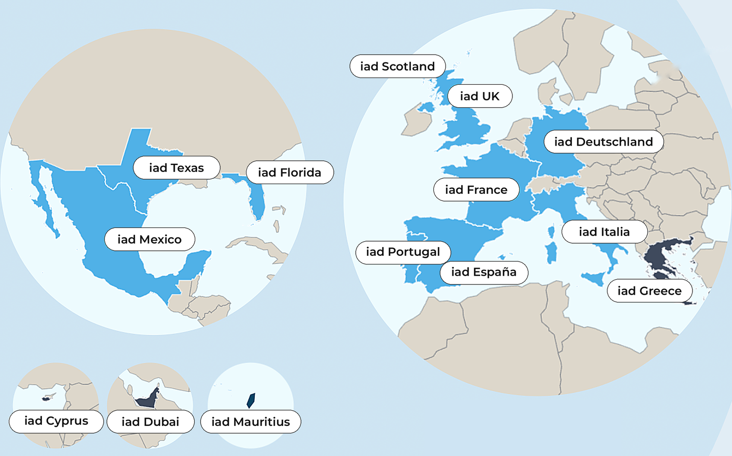 Les filiales iad dans le monde : France, Portugal, Espagne, Italie, Allemagne, Royaume-Uni, Écosse, Grèce, Chypre, Dubaï, Maurice, Mexique, Texas, Floride